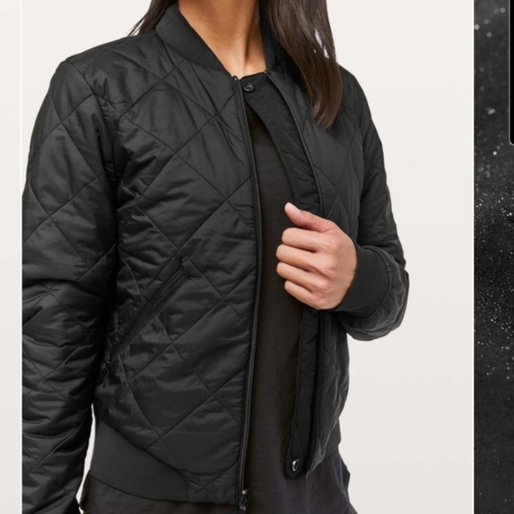 Lululemon Warm Two Ways Bomber Jacket Size 4 Black Quilted Down Reversible